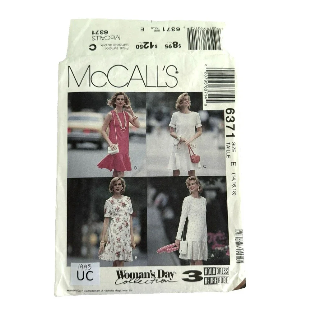 VTG 90s McCalls 6371 Sewing Pattern Dress Flounce Drop Waist Size 14-18 UNCUT